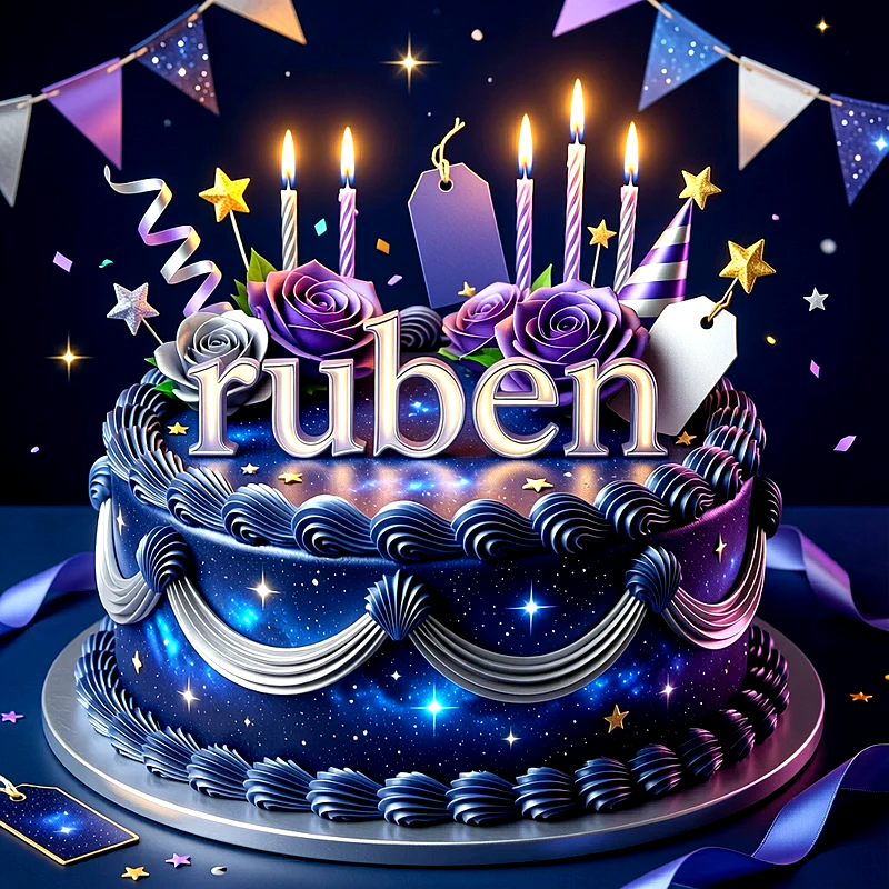 Tarta de cumpleaños azul y morada con velas encendidas, flores violetas, estrellas doradas y el nombre Ruben escrito en letras plateadas.