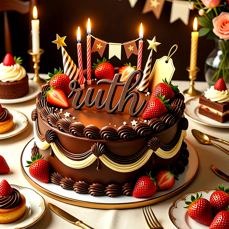 Tarta de cumpleaños de chocolate con fresas frescas, velas encendidas y banderines decorativos, con el nombre Ruth escrito en la parte superior en letras grandes y oscuras.