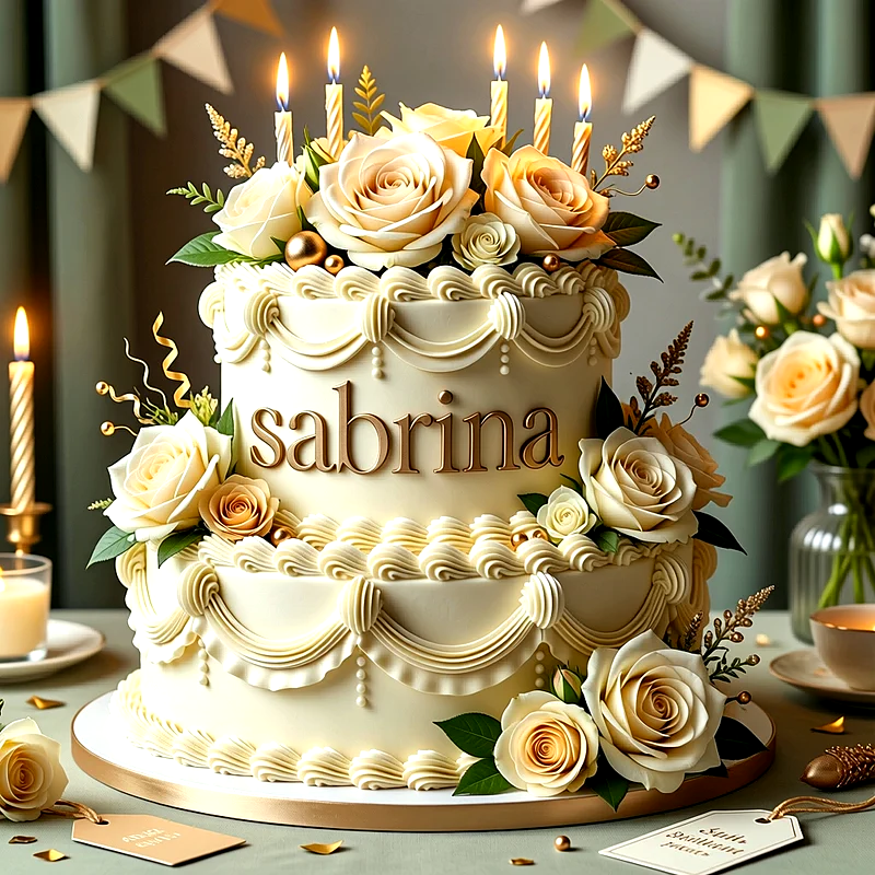 Tarta de cumpleaños blanca de dos pisos con flores de rosas beige, velas encendidas y el nombre Sabrina al frente.