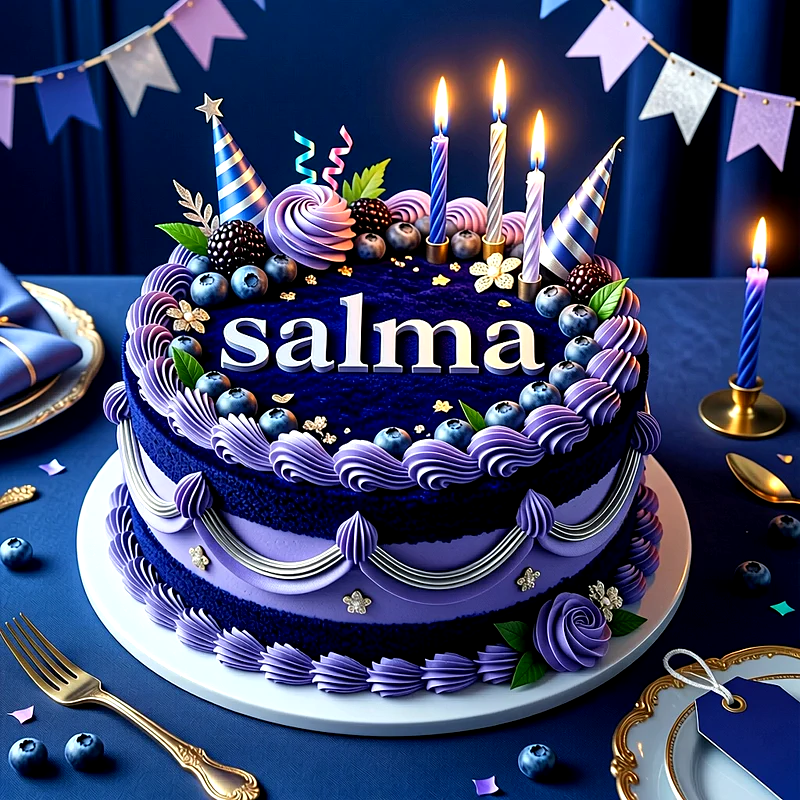 Tarta de cumpleaños elegante en tonos lila y azul oscuro, decorada con arándanos, velas encendidas, sombreritos de fiesta y el nombre Salma escrito en el centro.