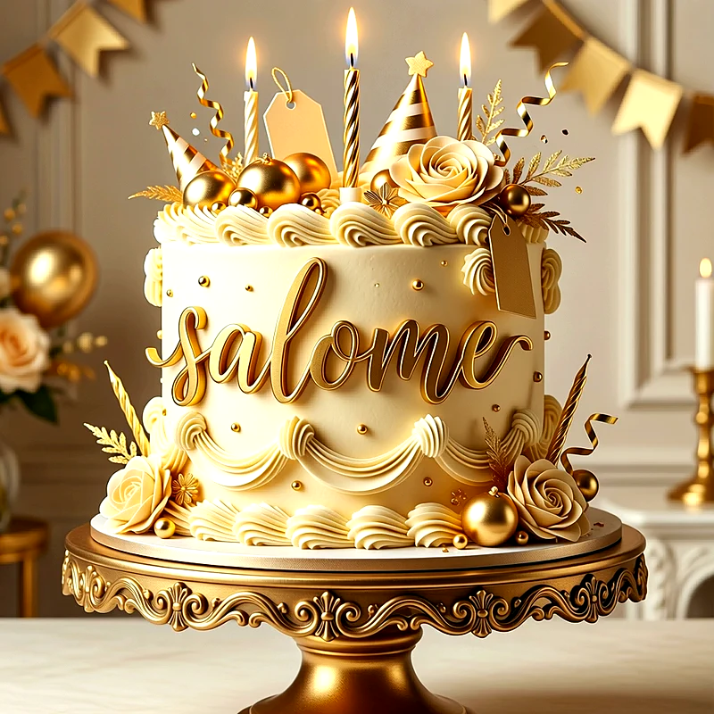 Tarta de cumpleaños blanca y dorada con rosas, esferas brillantes y velas encendidas, con el nombre Salome escrito en letras doradas al frente.