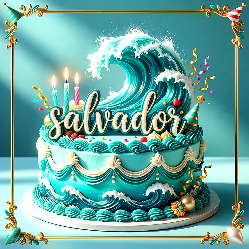 Tarta de cumpleaños azul con adorno de olas del mar, tres velas encendidas y el nombre Salvador escrito en el frente.