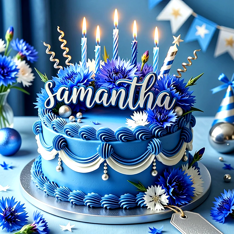 Tarta de cumpleaños azul decorada con flores azules, detalles blancos y velas encendidas, con el nombre Samantha escrito en letras blancas al centro.