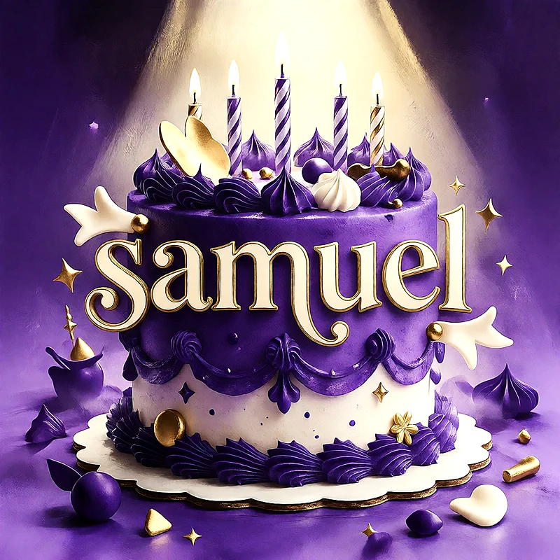 Tarta de cumpleaños de color lila y blanco decorada con velas encendidas, detalles dorados y el nombre Samuel escrito en letras grandes y elegantes al frente.