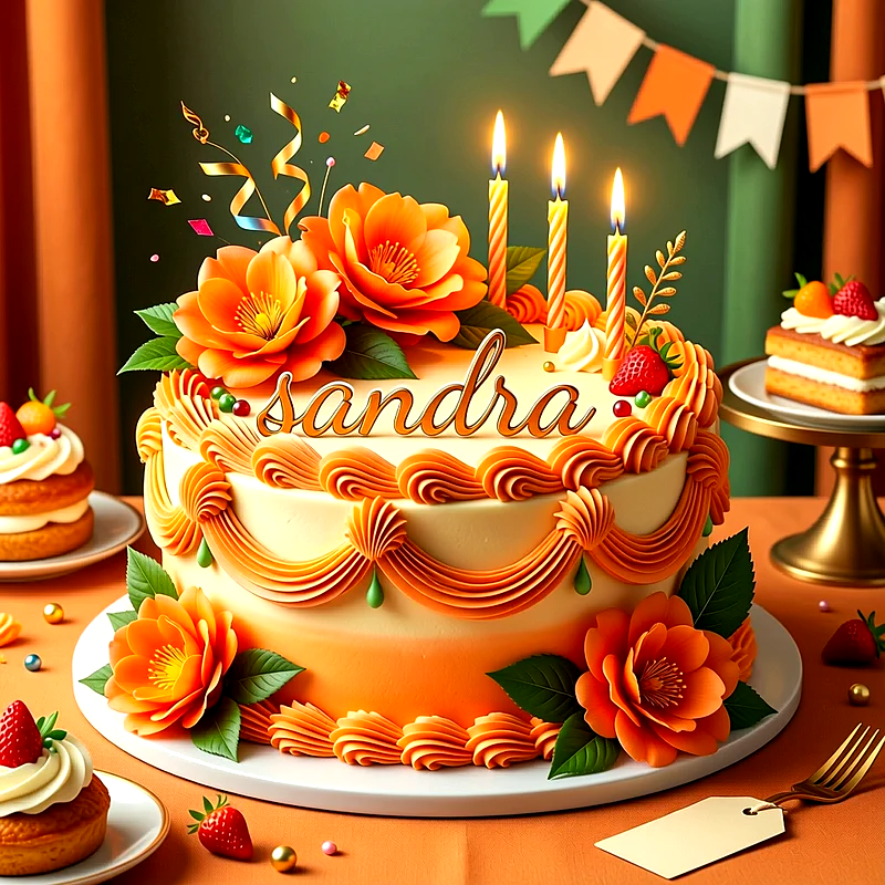 Tarta de cumpleaños decorada en tonos naranja y crema con tres velas encendidas, flores naranjas grandes y el nombre Sandra escrito arriba.