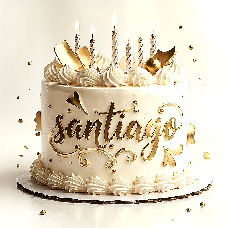 Tarta de cumpleaños de color blanco con crema, decorada con velas doradas y detalles brillantes, mostrando el nombre Santiago escrito en letras doradas elegantes sobre el pastel.