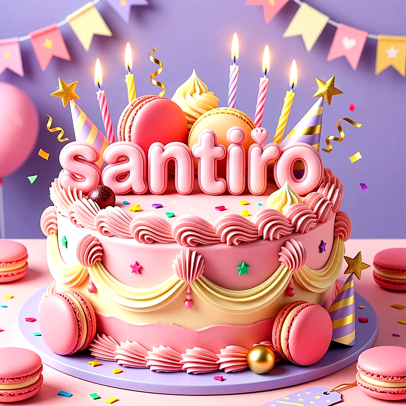 Tarta de cumpleaños rosa con macarons, velas encendidas y adornos festivos con el nombre Santino en letras grandes.