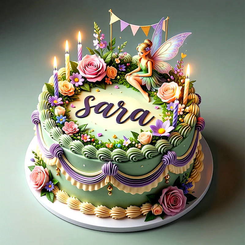 Tarta de cumpleaños verde decorada con flores rosas, velas encendidas, figura de hada y el nombre Sara escrito en el centro.