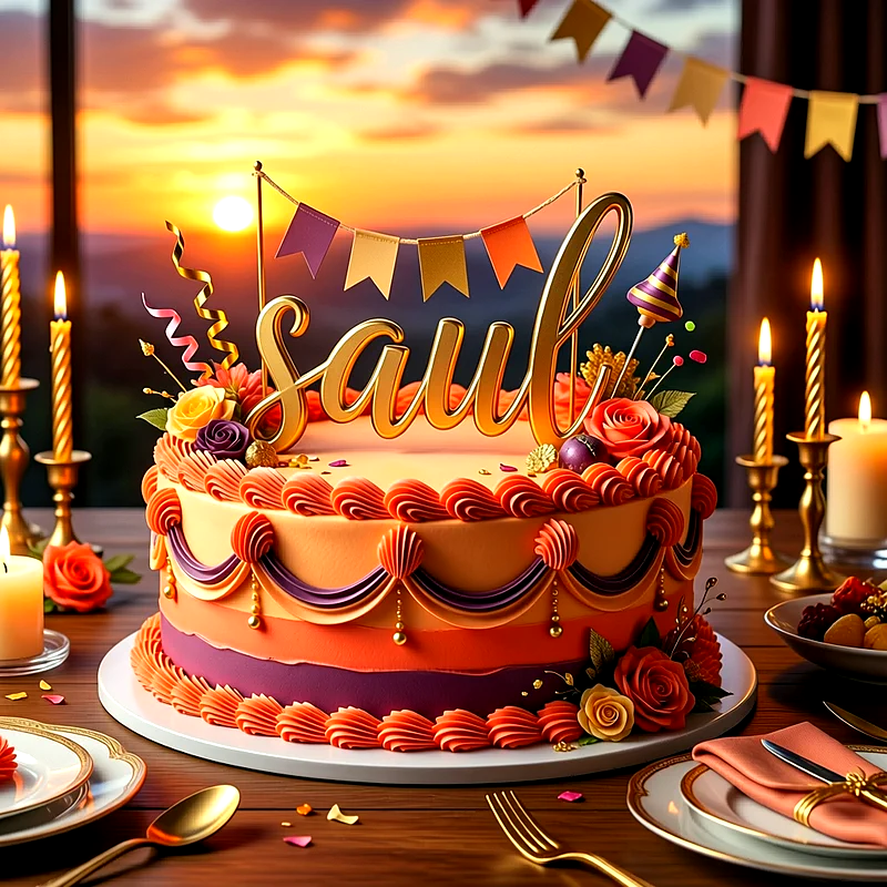 Tarta de cumpleaños decorada con tonos cálidos, rosas, guirnaldas de colores y velas, con el nombre Saul destacado en la parte superior en letras doradas.