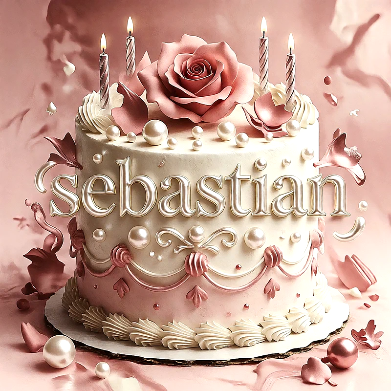 Tarta de cumpleaños blanca y rosa decorada con una gran rosa, perlas elegantes y velas encendidas, con el nombre Sebastian escrito en relieve dorado.