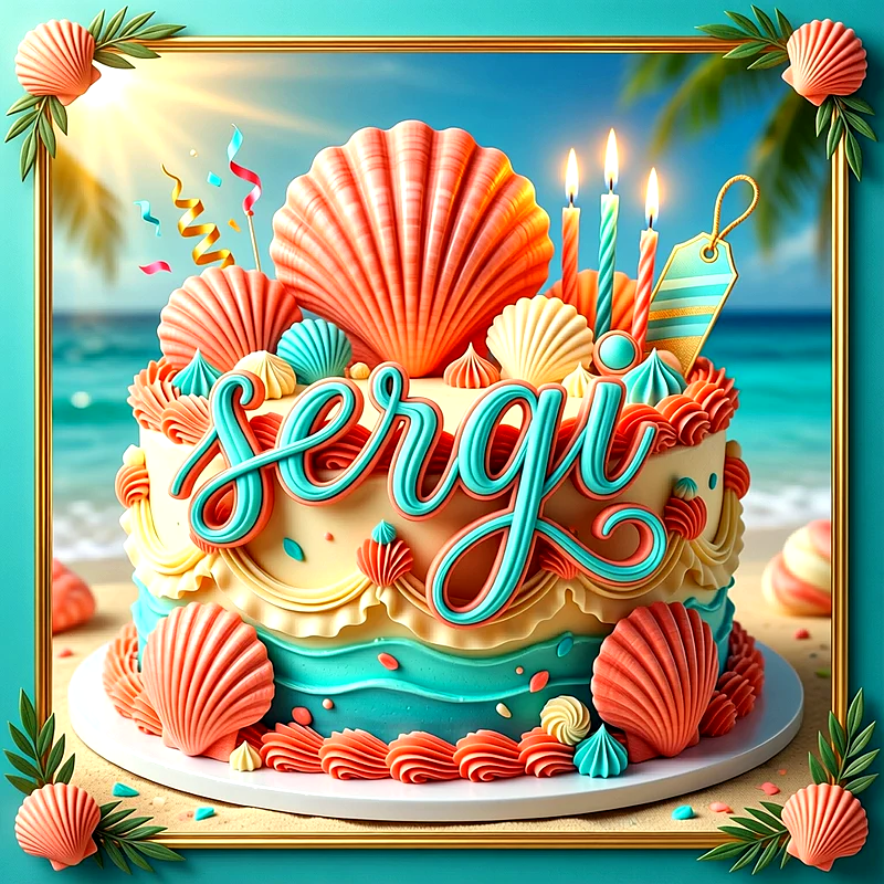 Tarta de cumpleaños decorada con conchas marinas de color coral y velas encendidas, con el nombre Sergi escrito al frente en letras turquesas.