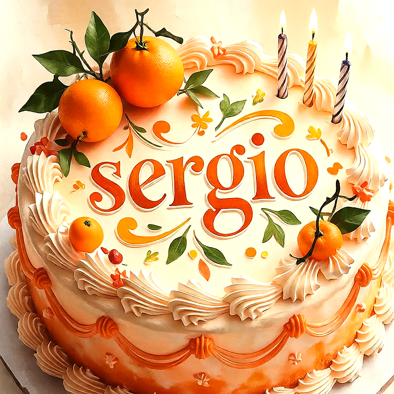 Tarta de cumpleaños decorada con crema blanca, mandarinas, naranjas frescas y velas, con el nombre Sergio escrito en letras color naranja.