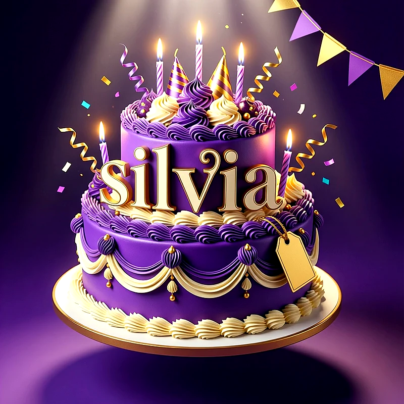 Tarta de cumpleaños de dos pisos lila con detalles dorados, velas encendidas y el nombre Silvia escrito en letras grandes doradas.
