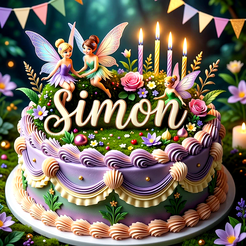 Tarta de cumpleaños infantil en tonos lila y verde decorada con hadas, flores y velas, con el nombre Simon destacado al centro.
