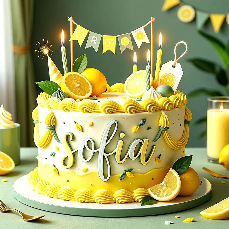Tarta de cumpleaños blanca y amarilla decorada con limones, velas encendidas, guirnalda y el nombre Sofia escrito al frente en relieve.
