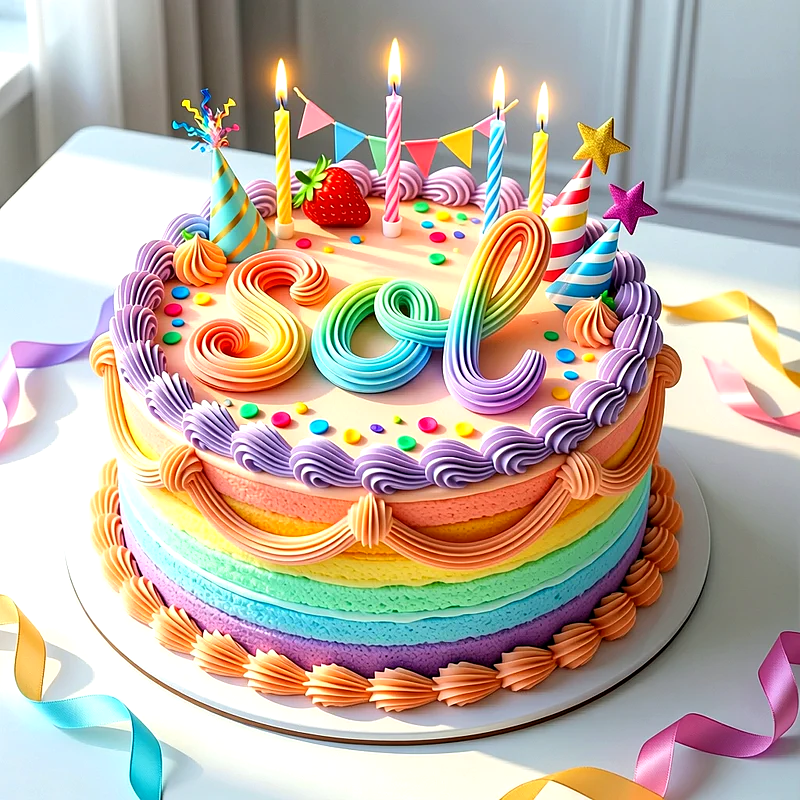 Tarta de cumpleaños multicolor con capas de colores, decorada con velas encendidas, fresas, gorritos de fiesta y el nombre Sol escrito en letras grandes de crema al frente.