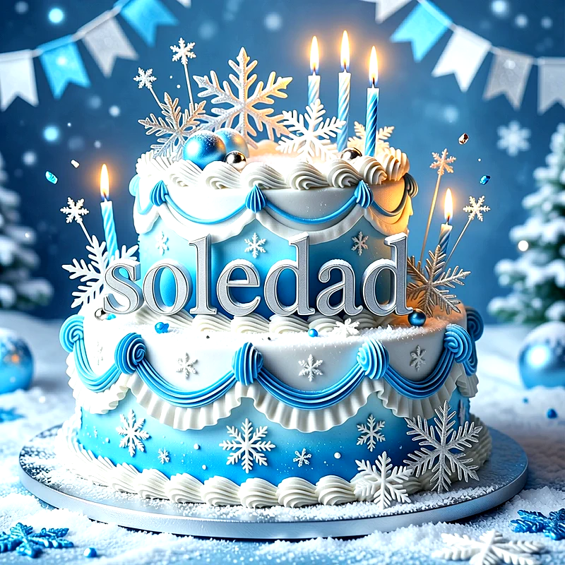 Tarta de dos pisos con tonos azules y blancos, decorada con copos de nieve, velas encendidas y el nombre Soledad en letras plateadas.