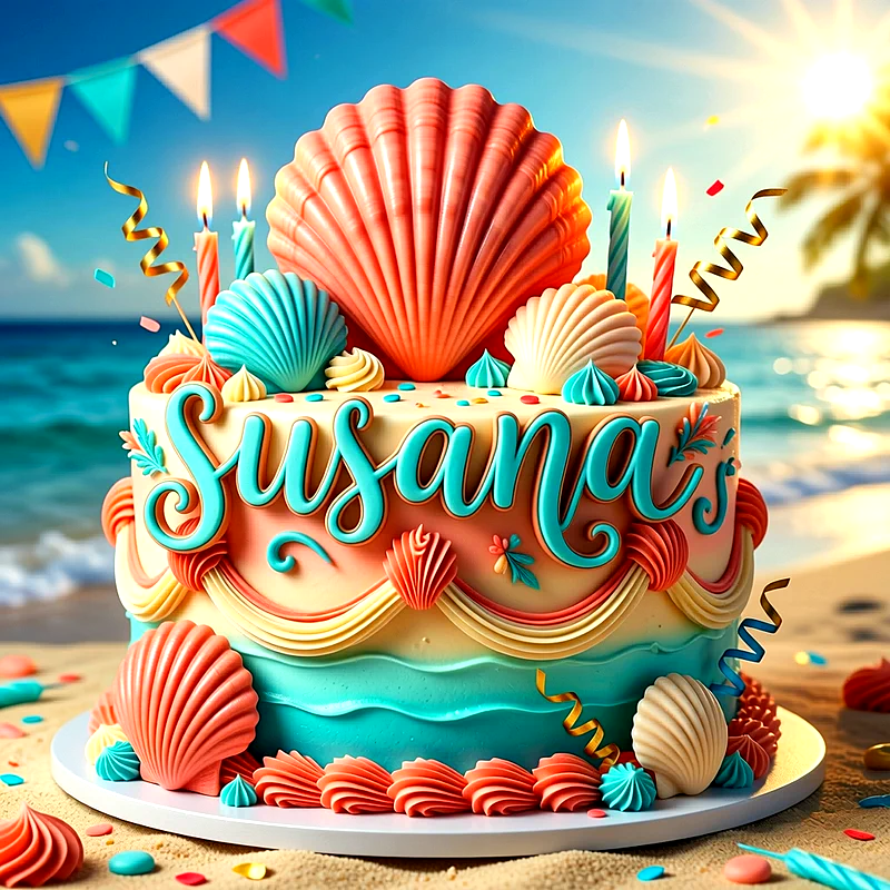 Tarta de cumpleaños de estilo marino decorada con conchas marinas de colores, velas encendidas y el nombre Susana escrito en letras de color turquesa al frente.