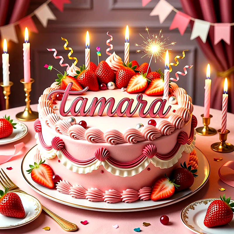 Tarta de cumpleaños rosa decorada con fresas frescas, velas encendidas y el nombre Tamara escrito en letras rosadas en el frente.
