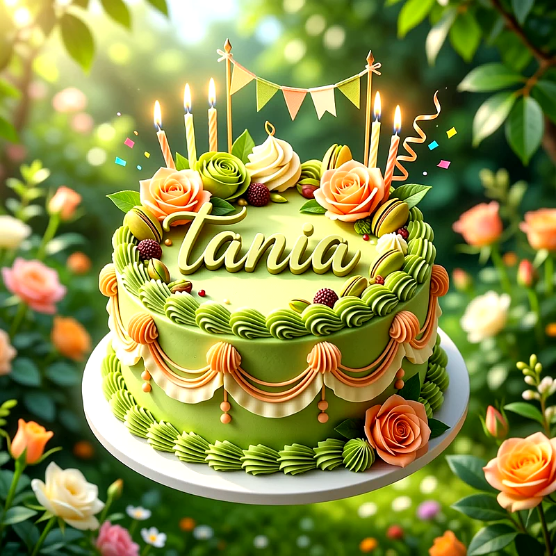 Tarta de cumpleaños verde decorada con flores color melocotón, velas encendidas, banderines festivos y el nombre Tania escrito en letras grandes y elegantes sobre la superficie.