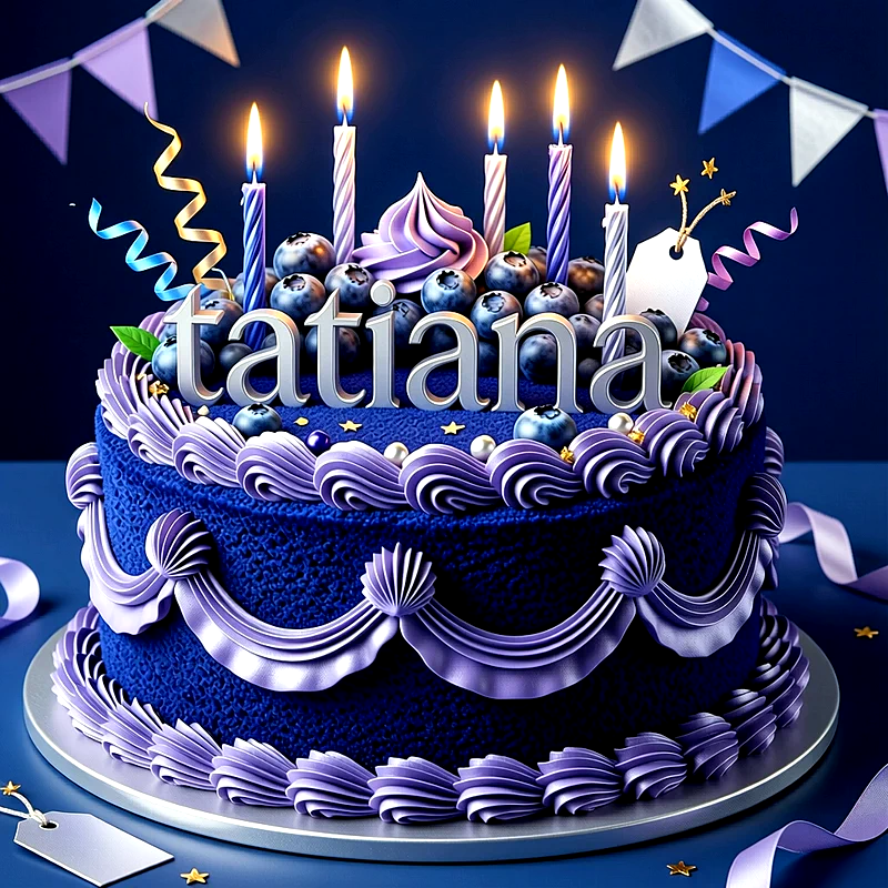 Tarta de cumpleaños azul y lila decorada con arándanos frescos, velas encendidas y el nombre Tatiana en letras plateadas sobre la superficie.