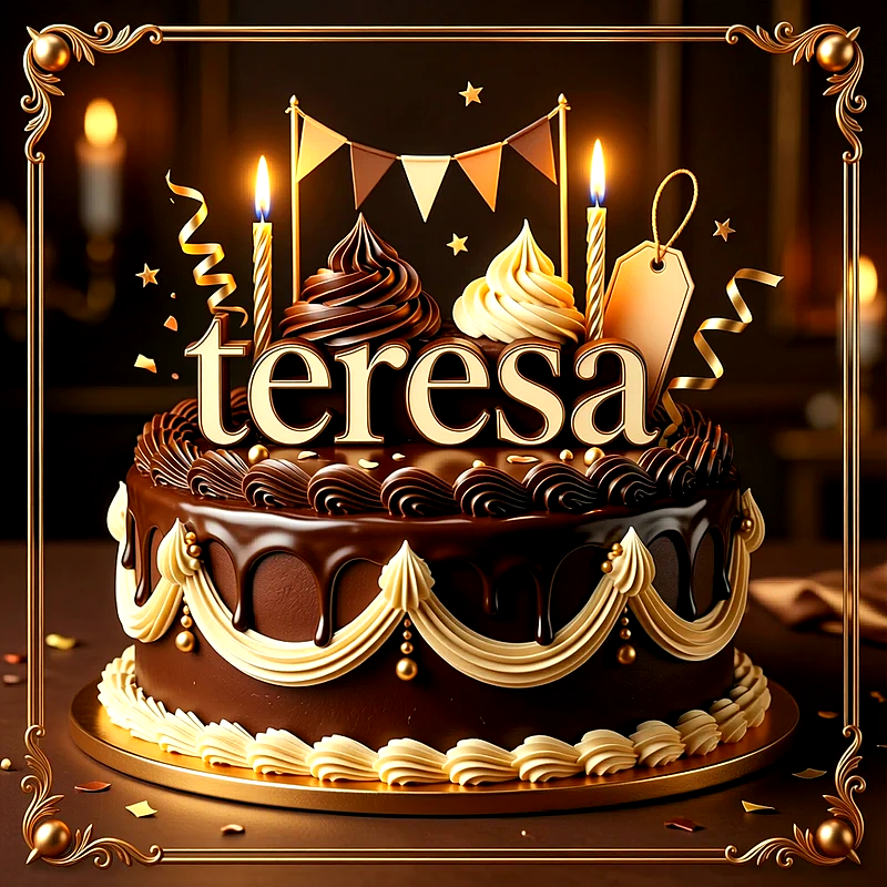 Tarta de cumpleaños de chocolate con nata, velas doradas encendidas, guirnaldas y el nombre Teresa escrito en grandes letras doradas al centro.