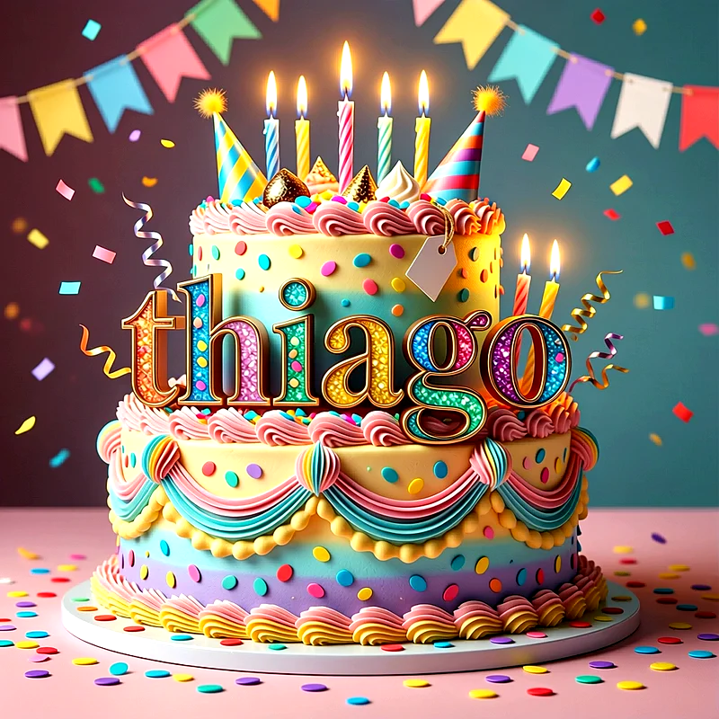 Tarta de cumpleaños infantil de dos pisos de colores con velas encendidas, confeti y el nombre Thiago escrito en letras grandes decoradas.