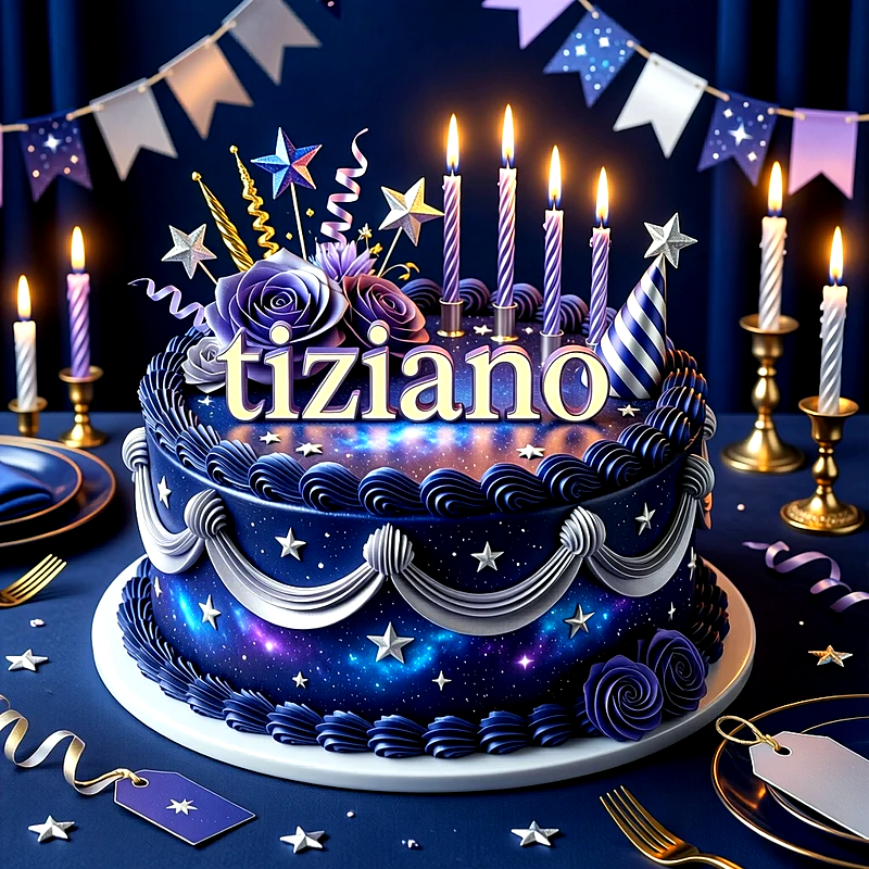 Tarta de cumpleaños azul y morada decorada con estrellas, flores y velas encendidas, con el nombre Tiziano escrito en letras grandes amarillas.