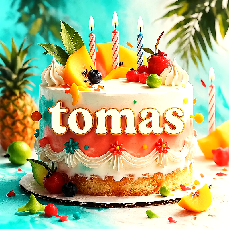 Tarta de cumpleaños colorida decorada con frutas tropicales frescas, piña, kiwis y velas encendidas, con el nombre Tomas escrito en letras grandes y claras al frente.