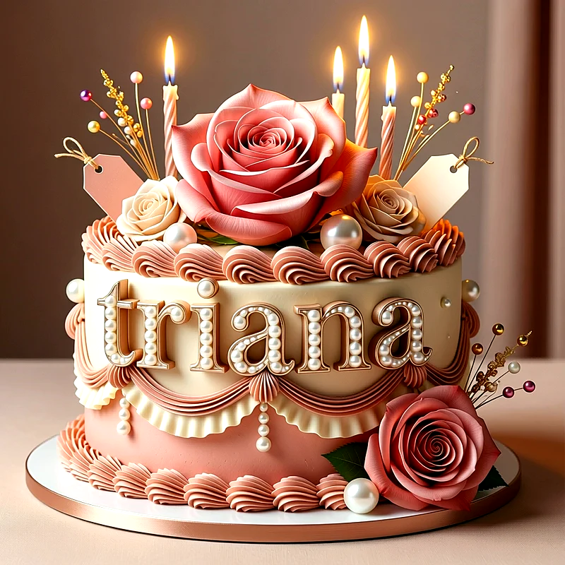 Tarta de cumpleaños elegante con rosa de fondant, velas encendidas y el nombre Triana escrito con perlas doradas sobre un fondo beige.
