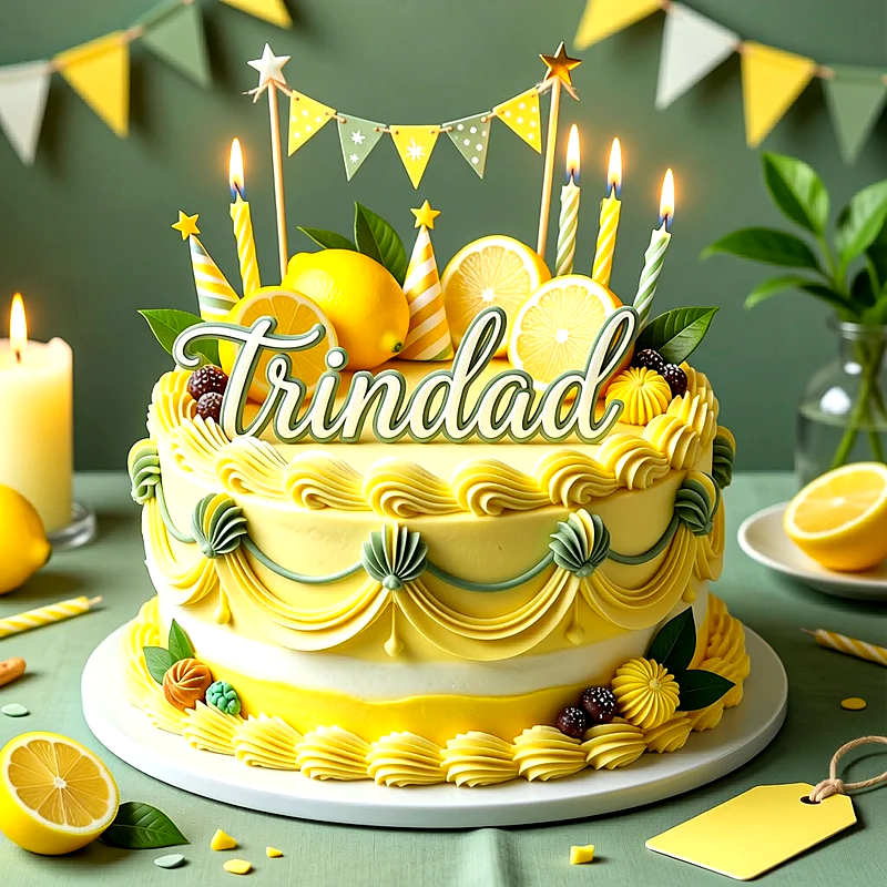 Tarta de cumpleaños de color amarillo brillante con rodajas de limón, velas encendidas y banderines, con el nombre Trinidad escrito en la parte superior en letras elegantes.