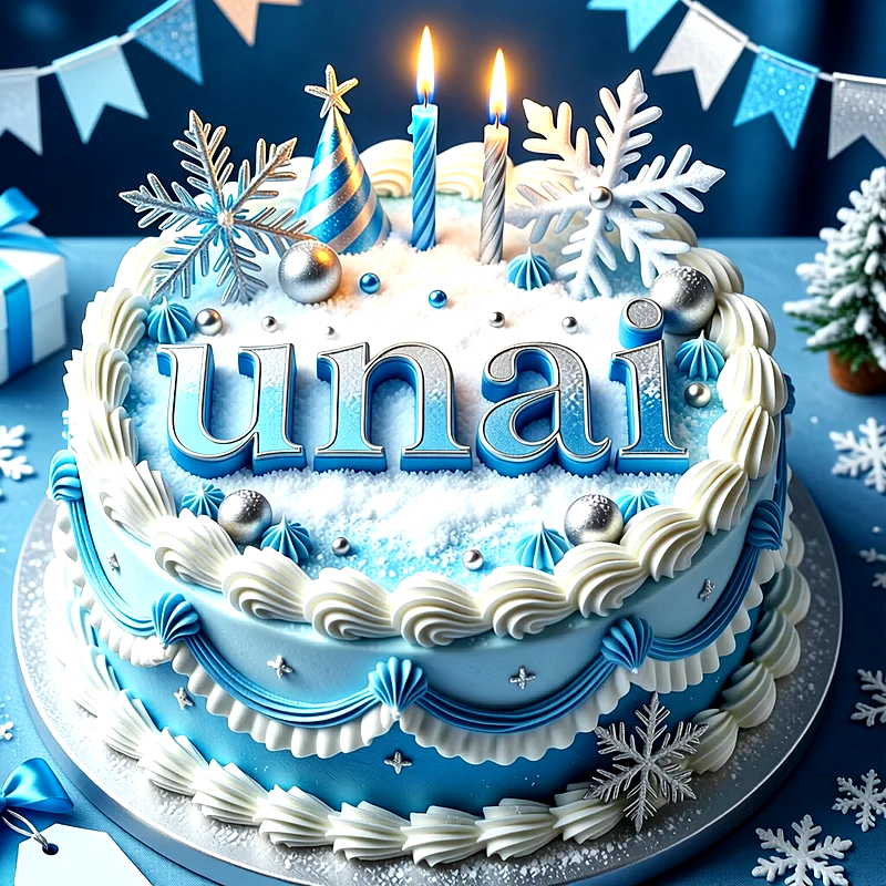 Tarta de cumpleaños azul y blanca con copos de nieve, velas encendidas y el nombre Unai escrito en letras grandes al centro.