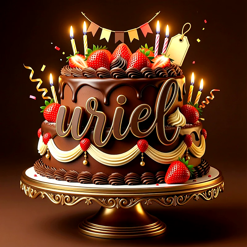 Tarta de cumpleaños de chocolate con fresas frescas y velas encendidas, con el nombre Uriel escrito de forma clara en el centro del pastel sobre una base dorada.