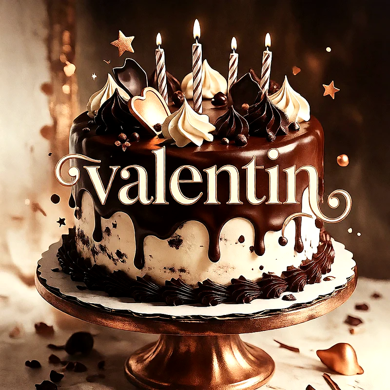 Tarta de cumpleaños de chocolate con cobertura brillante, velas encendidas, decorada con estrellas doradas y el nombre Valentin escrito en letras elegantes y claras al frente de la imagen.