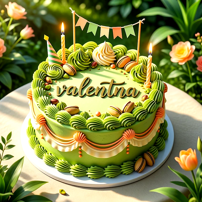 Tarta de cumpleaños de color verde decorada con crema, velas encendidas, banderines y frutos secos, con el nombre Valentina escrito en el centro en letras doradas y elegantes.