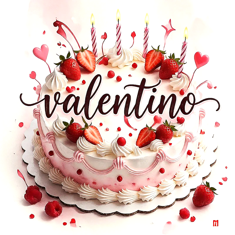 Tarta de cumpleaños blanca y rosa con fresas frescas, corazones y velas encendidas, con el nombre Valentino escrito en el centro.