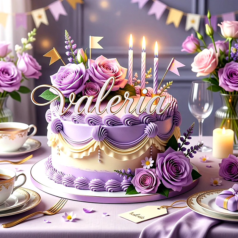 Una elegante tarta de cumpleaños de color lila y crema, decorada con rosas frescas, velas encendidas y el nombre Valeria escrito con letras grandes sobre la parte superior.
