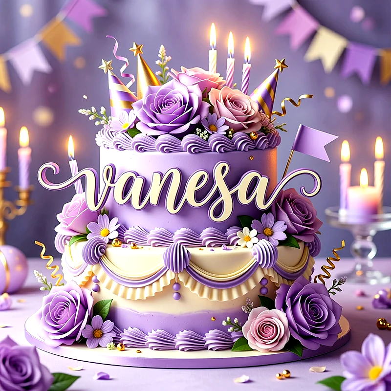 Tarta de cumpleaños de dos pisos en tonos lila y crema, decorada con rosas, flores y velas encendidas, con el nombre Vanesa escrito en letras elegantes.