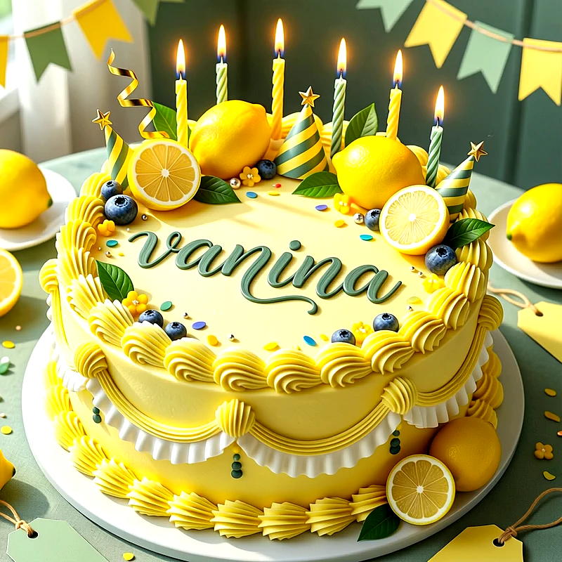 Tarta de cumpleaños decorada en tonos amarillos y verdes con limones frescos, arándanos, velas encendidas y el nombre Vanina escrito al frente.