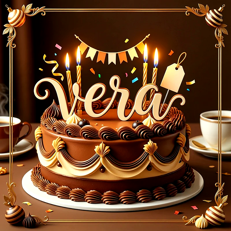 Tarta de cumpleaños de chocolate con decoración elegante, velas encendidas, guirnaldas festivas y el nombre Vera escrito de forma destacada en la parte superior del pastel.