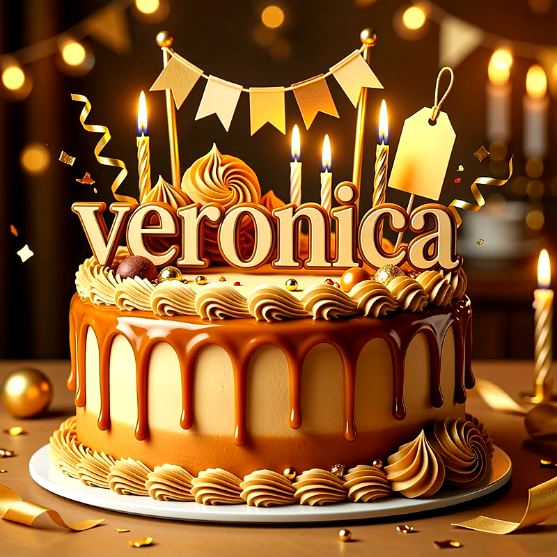 Tarta de cumpleaños dorada con cobertura de caramelo, velas encendidas, banderines y el nombre Veronica en letras grandes al frente.
