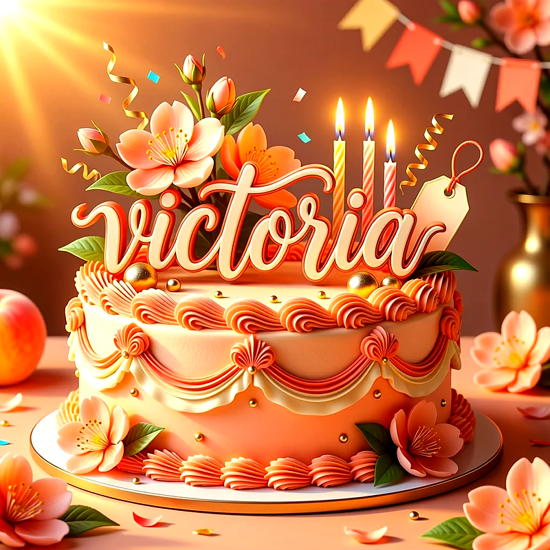 Tarta de cumpleaños rosa decorada con flores de durazno, velas encendidas y el nombre Victoria escrito en letras grandes al frente.