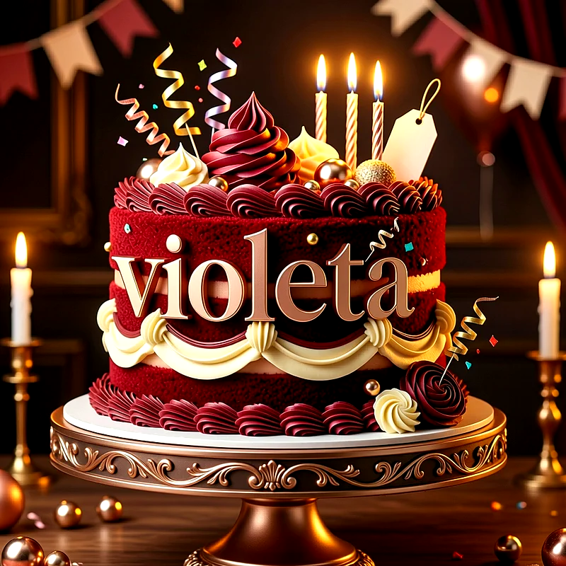 Tarta de cumpleaños roja y dorada con velas encendidas, rosetones de crema y el nombre Violeta escrito en el centro.
