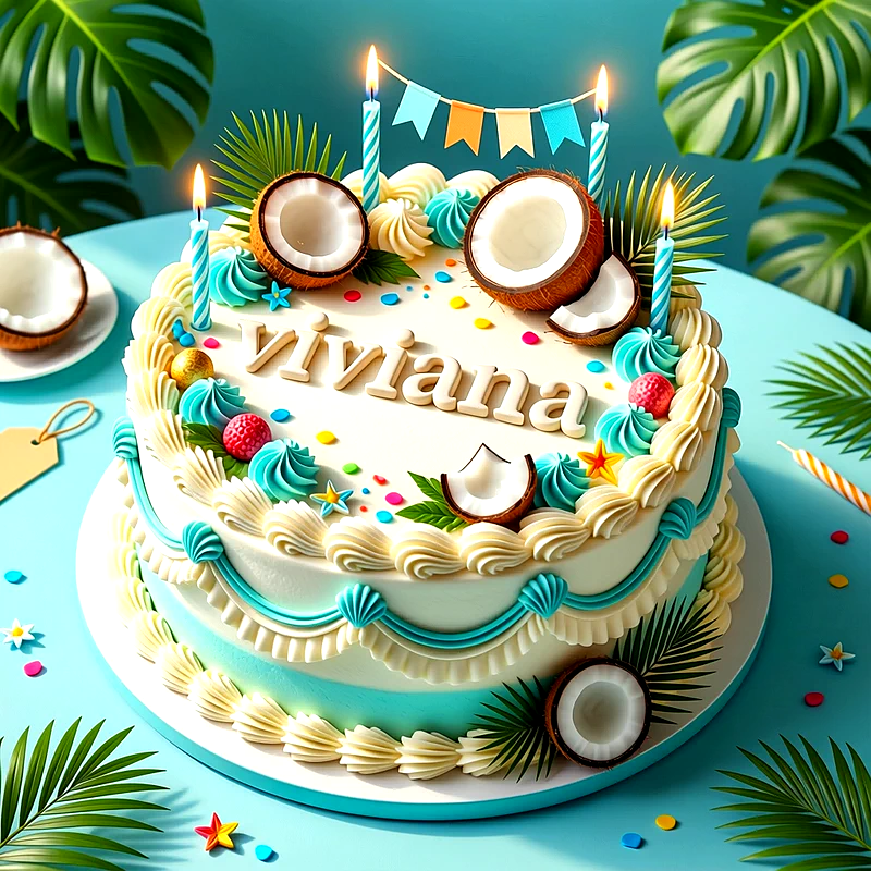 Tarta de cumpleaños blanca y azul decorada con cocos, hojas de palma, velas celestes encendidas y el nombre Viviana escrito en letras claras.