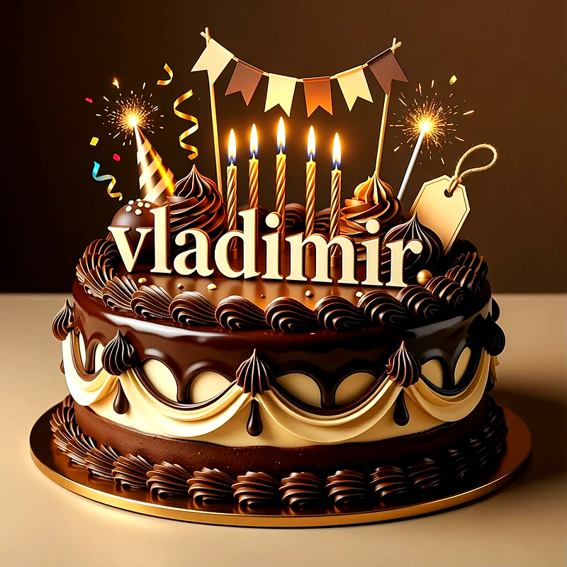 Tarta de chocolate decorada con velas encendidas, bengalas y banderines, con el nombre Vladimir escrito al frente en letras color crema.