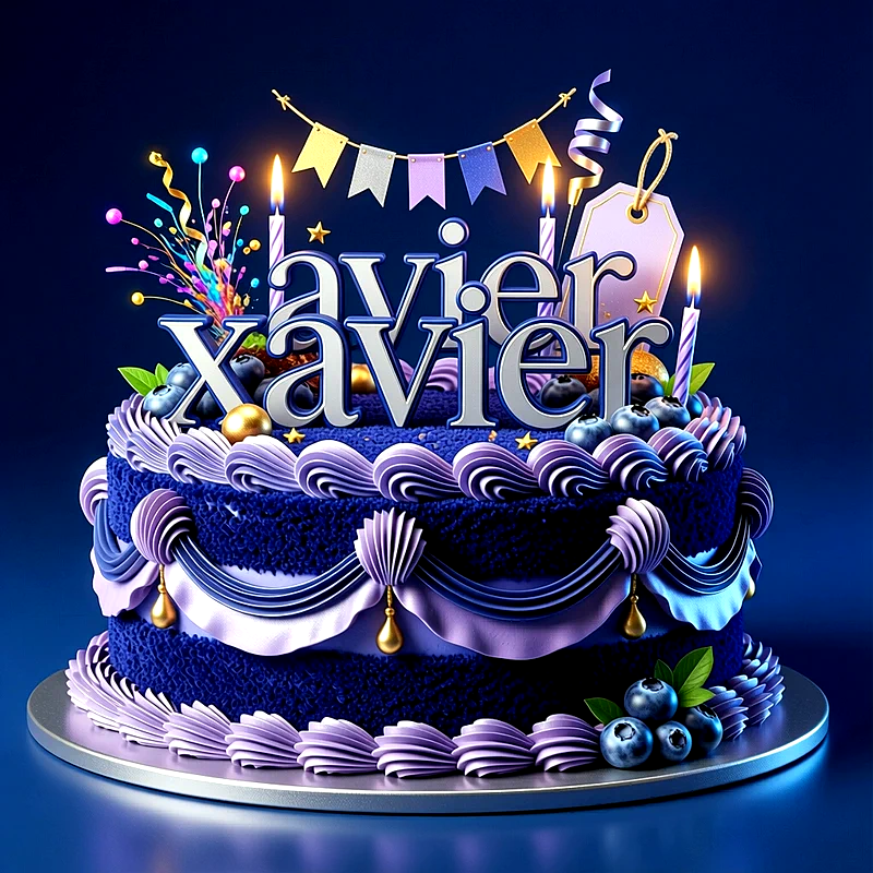 Tarta de cumpleaños azul y lila con arándanos, velas encendidas y el nombre Xavier destacado en grandes letras sobre la parte superior.