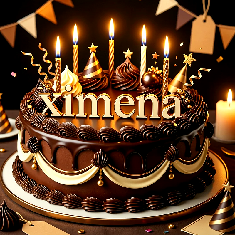 Tarta de cumpleaños de chocolate con velas encendidas, detalles dorados y el nombre Ximena escrito al frente en letras doradas.