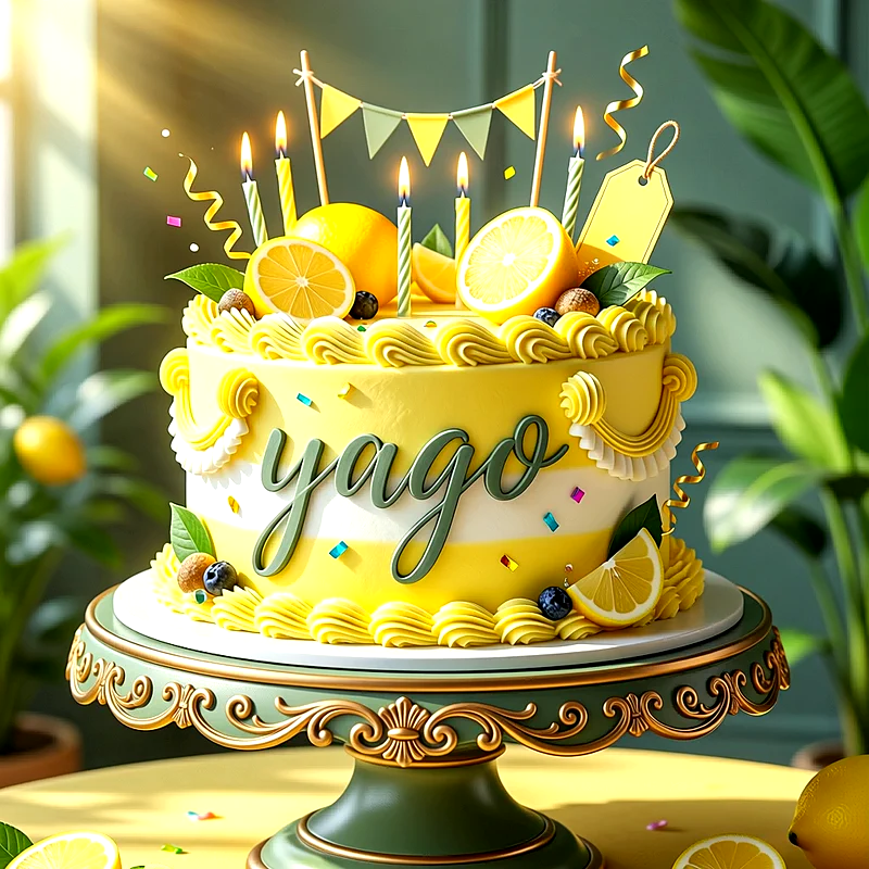 Tarta de cumpleaños amarilla y blanca decorada con limones, arándanos y velas, con el nombre Yago escrito al frente en letras verdes.