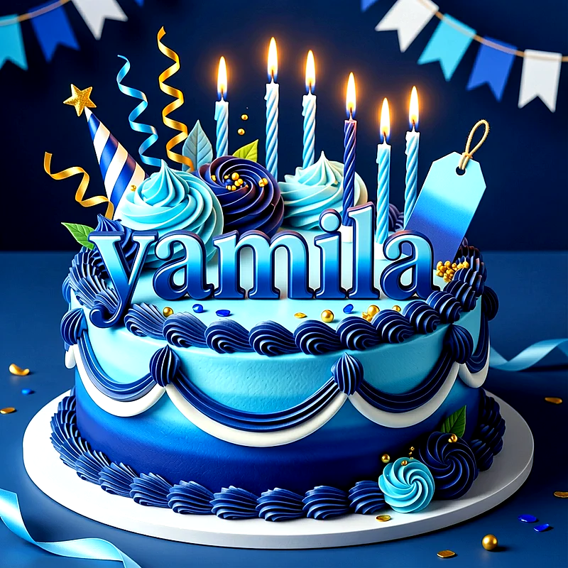 Tarta de cumpleaños azul con velas encendidas, rosetones de crema, serpentinas y el nombre Yamila destacado en el frente.