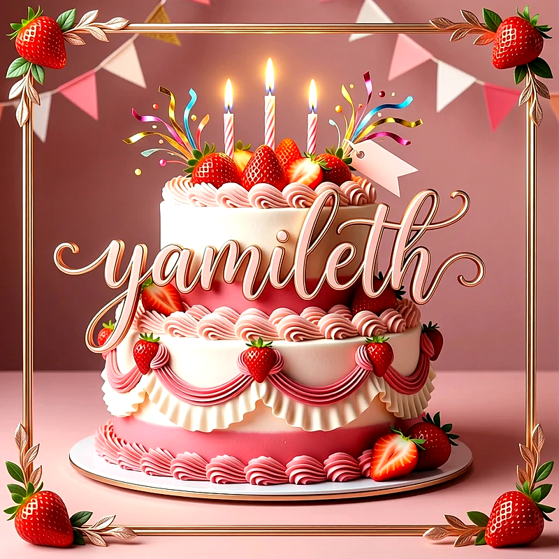 Tarta de cumpleaños de dos pisos en tonos rosa y blanco decorada con fresas frescas, velas encendidas y el nombre Yamileth escrito en letras doradas.